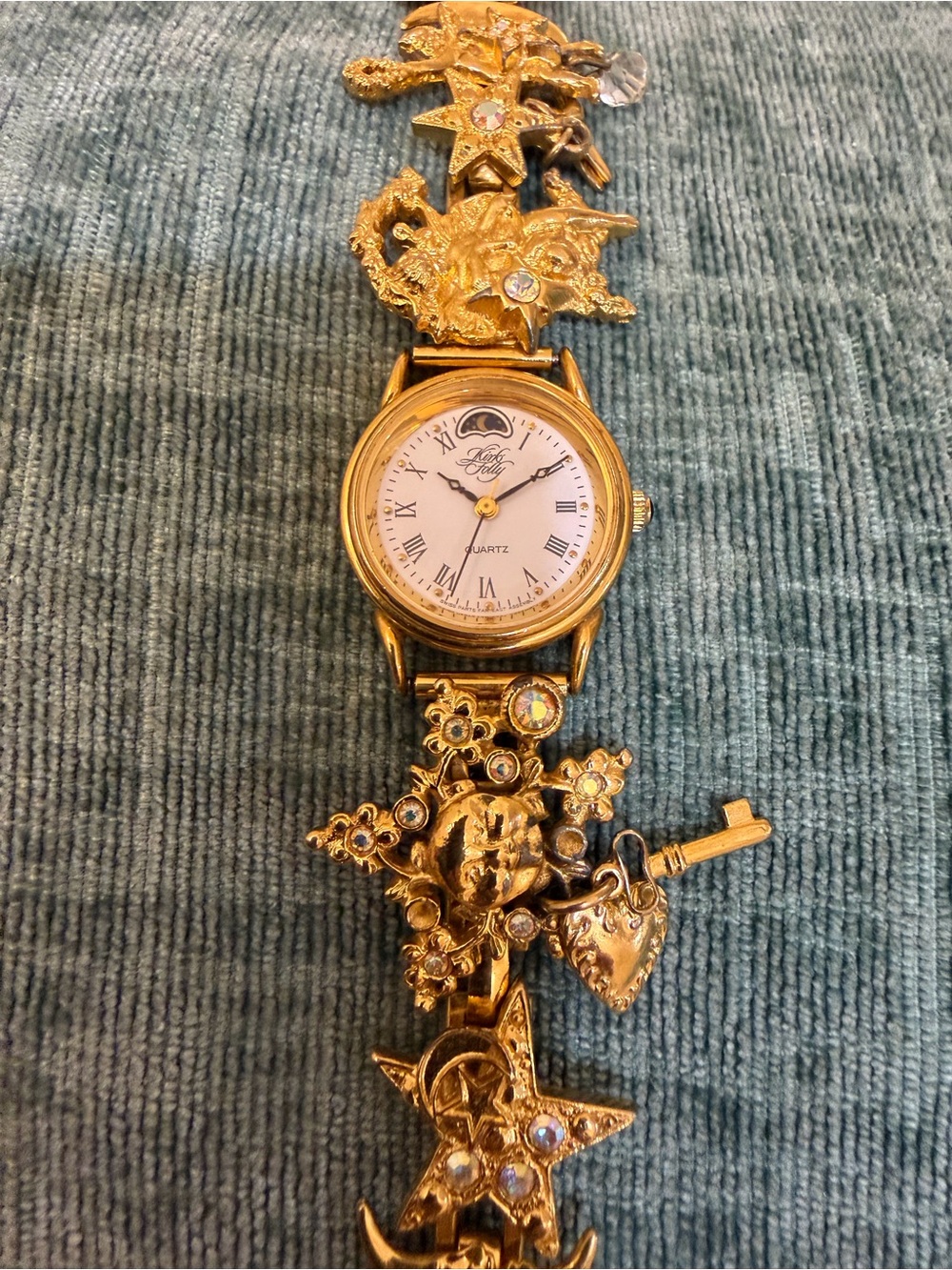 Vintage Kirks Folly "The Wizard of Oz" Moon Phase Charm Bracelet Watch 24mm